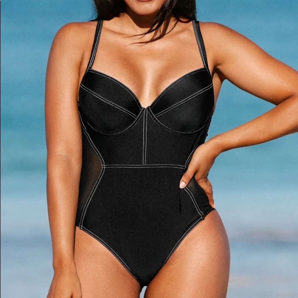 Ivory Contrast Stitched One Piece Swimsuit